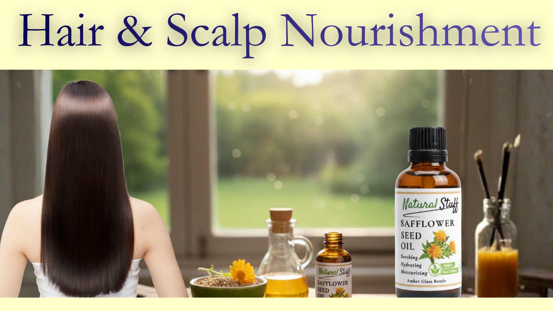 Hair and scalp nourishment with a bottle of safflower seed oil and a woman with long hair.