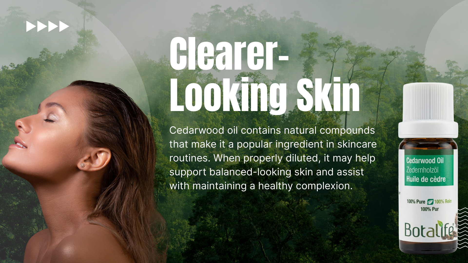 Advertisement for Botafra Cedarwood Oil with a woman and natural background