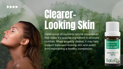 Advertisement for Botafra Cedarwood Oil with a woman and natural background