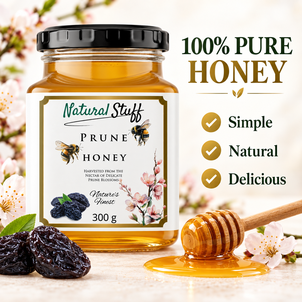 Natural Stuff Prune Honey 300g – 100% Pure Honey with a Rich Fruity Flavour