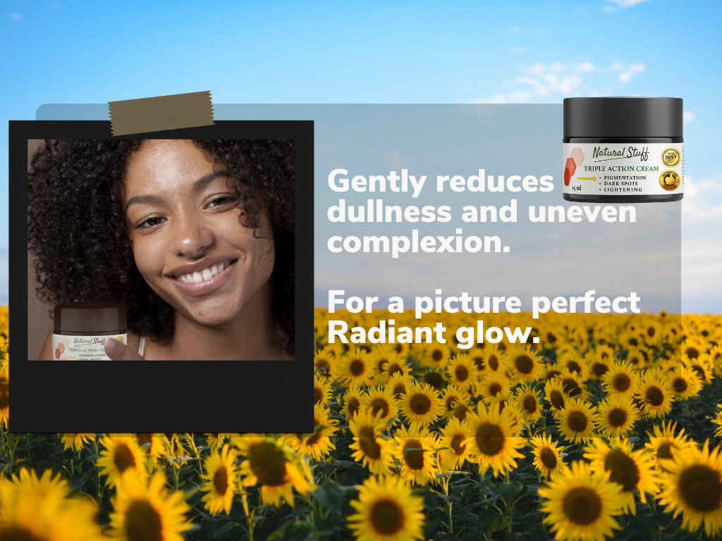 Product advertisement with a woman's face and sunflower field, featuring text about product benefits.