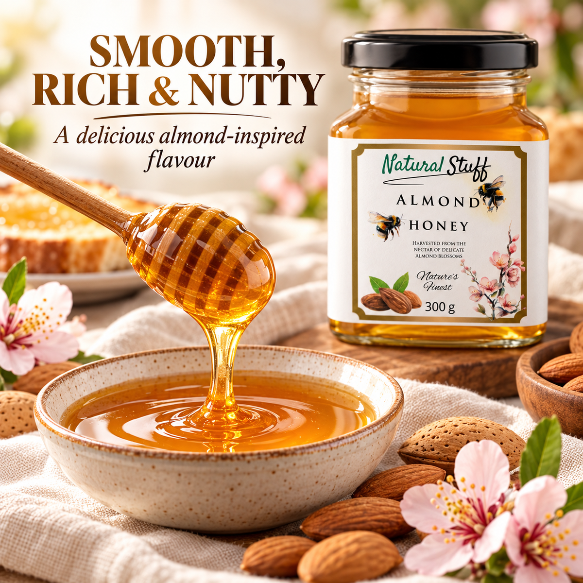 Natural Stuff Almond Honey 300g – 100% Pure Honey with a Rich Nutty Flavour