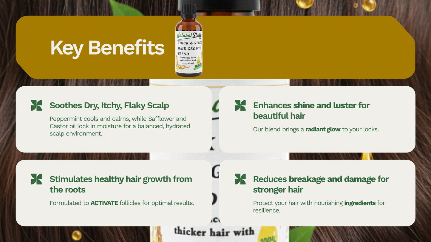 Key benefits of a hair care product displayed on a wooden background