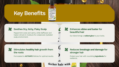Key benefits of a hair care product displayed on a wooden background