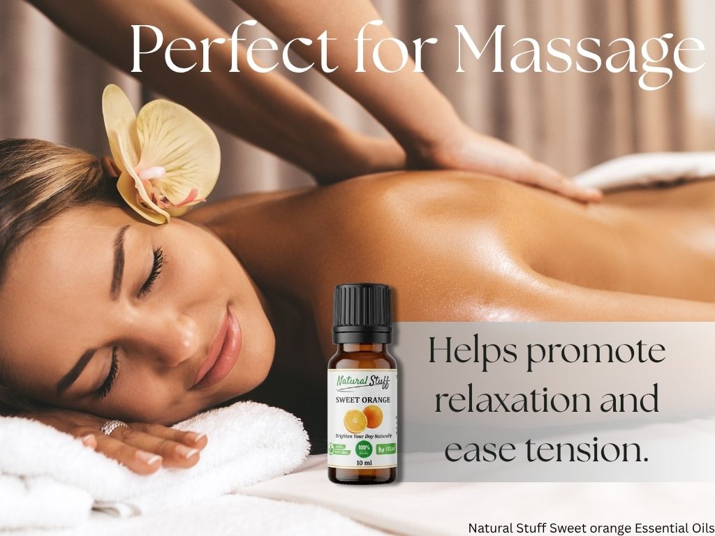 Woman receiving a massage with a bottle of Natural Stuff Sweet Orange Essential Oil.