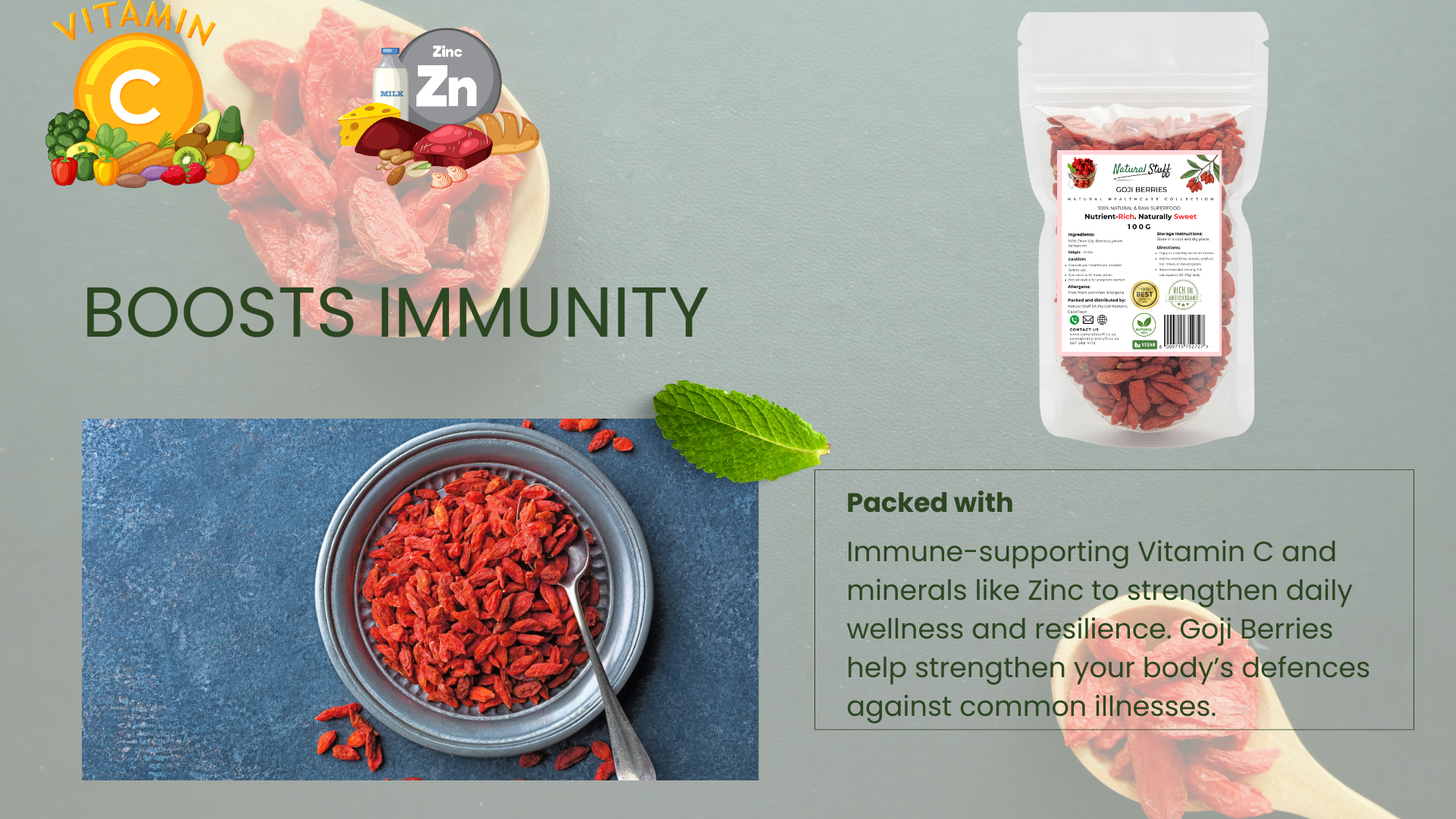 Goji berries packaging with text about boosting immunity and vitamin C content.