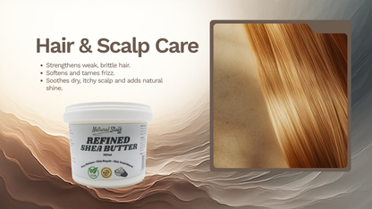 Shea butter container with hair and scalp care benefits on a beige background