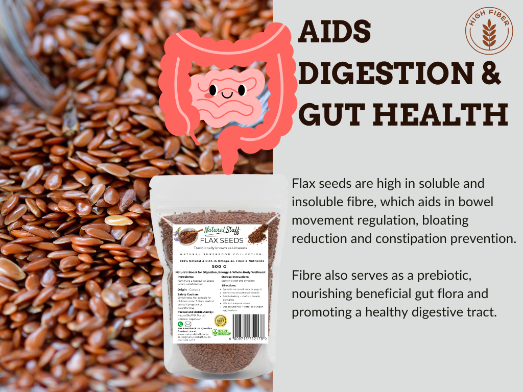 Flax seeds with a package and text about gut health and digestion.