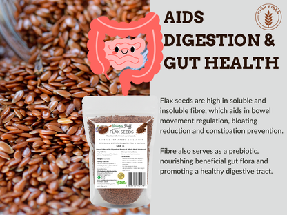 Flax seeds with a package and text about gut health and digestion.