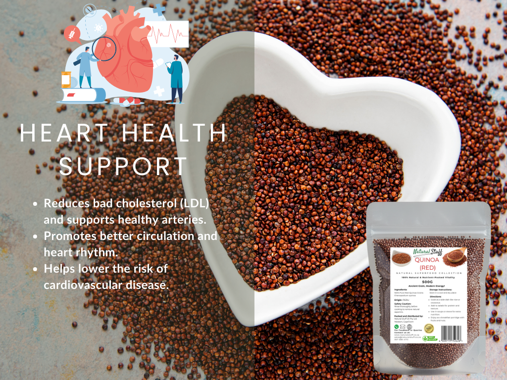 Heart-shaped bowl filled with seeds, surrounded by more seeds, with a package of seeds and heart health benefits text.