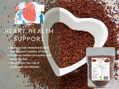 Heart-shaped bowl filled with seeds, surrounded by more seeds, with a package of seeds and heart health benefits text.