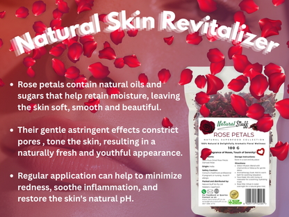 Advertisement for Natural Skin Revitalizer with rose petals and product packaging on a red background.