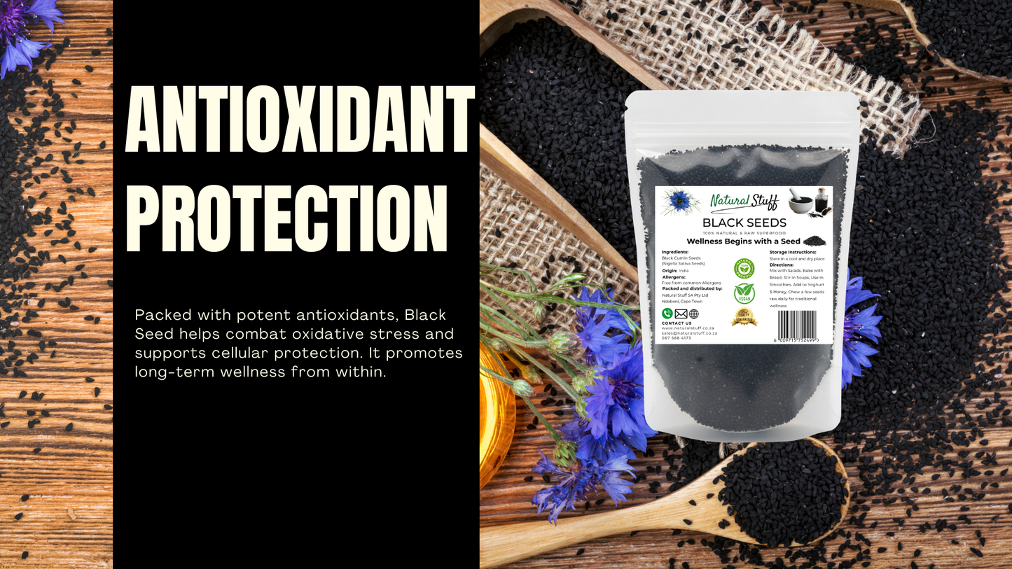 Black seed package with text about antioxidant protection on a wooden background