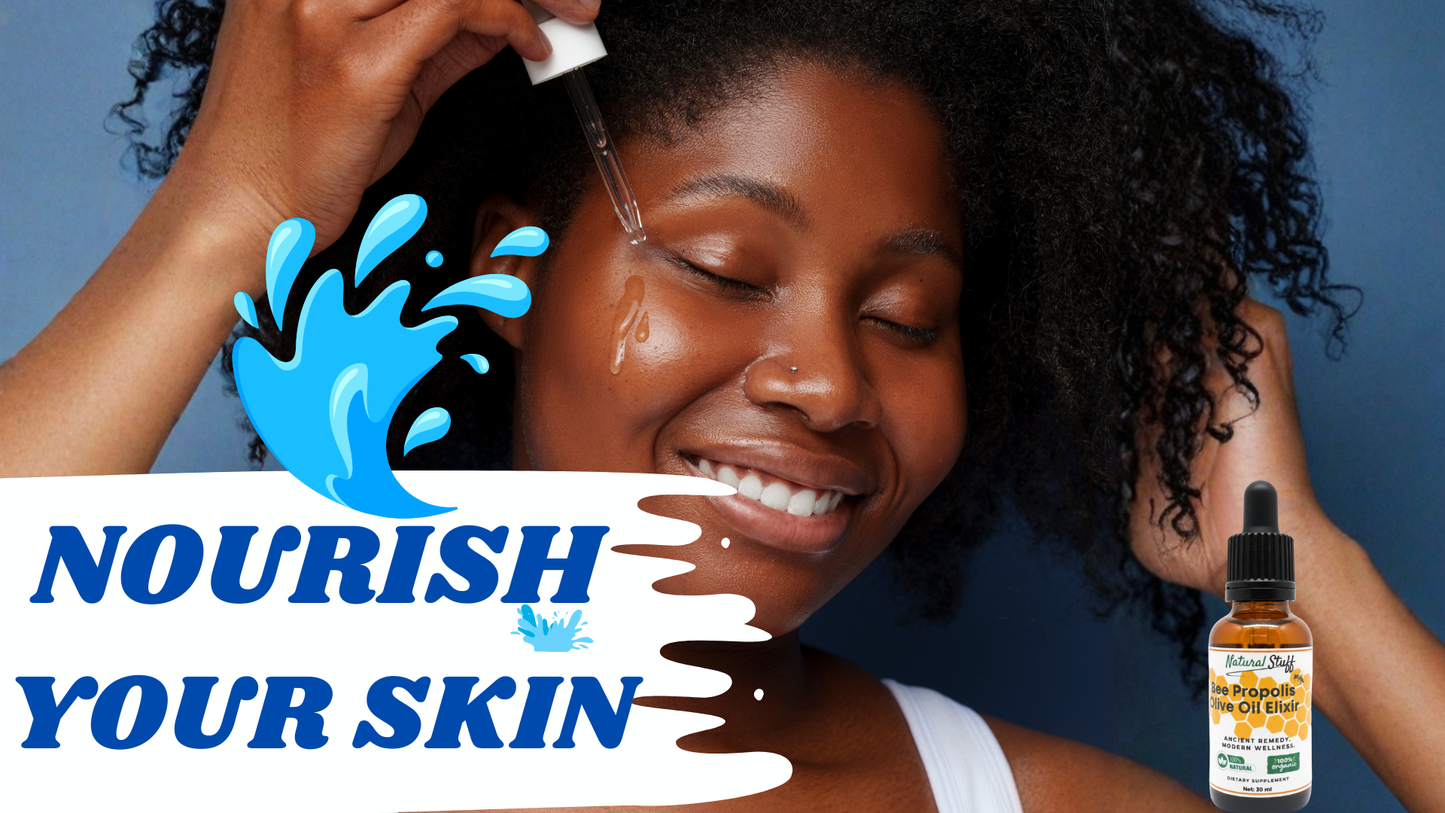 Woman applying a skincare product with 'Nourish Your Skin' branding and a bottle of skincare serum.