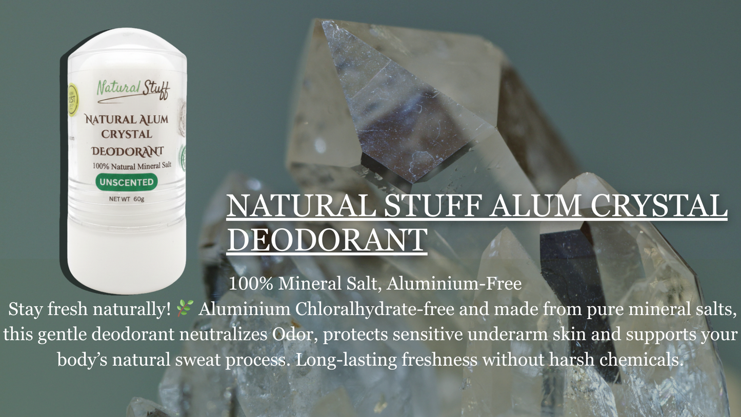 Alum crystal deodorant with natural stuff branding against a stone background