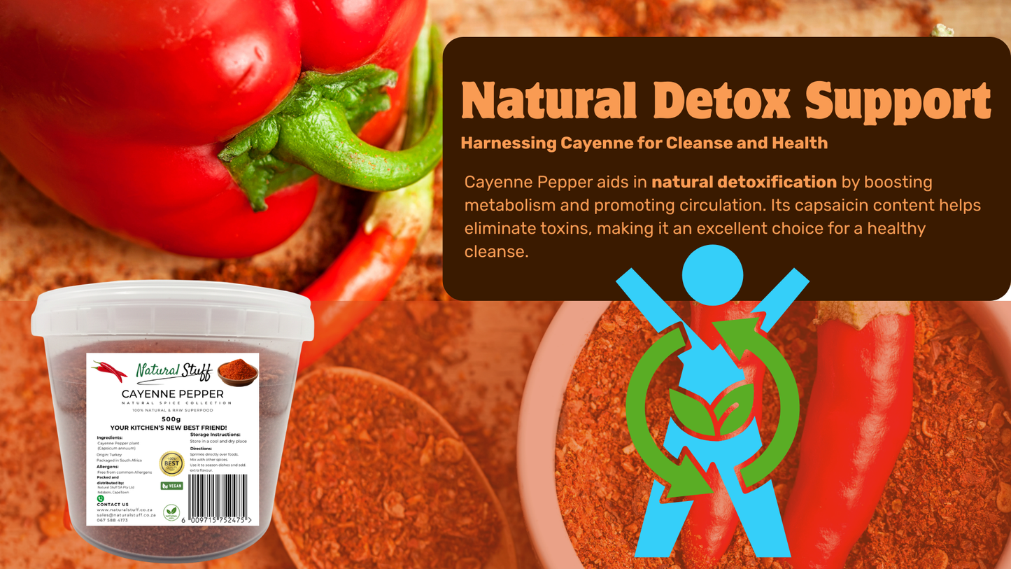 Cayenne pepper and a container labeled 'Natural Detox Support' with text about cayenne pepper's benefits.