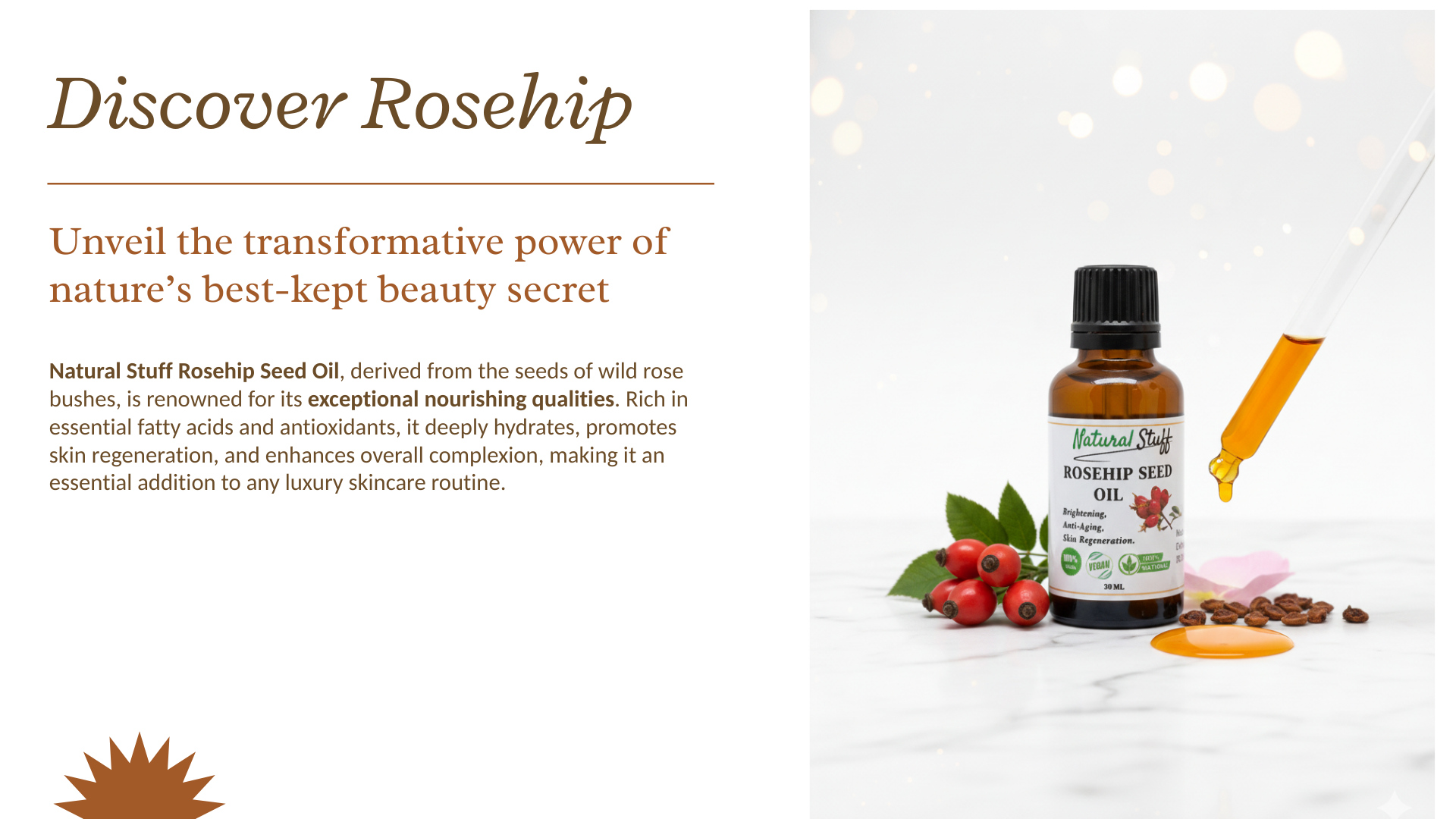 Rosehip seed oil bottle with rosehips and seeds on a white background
