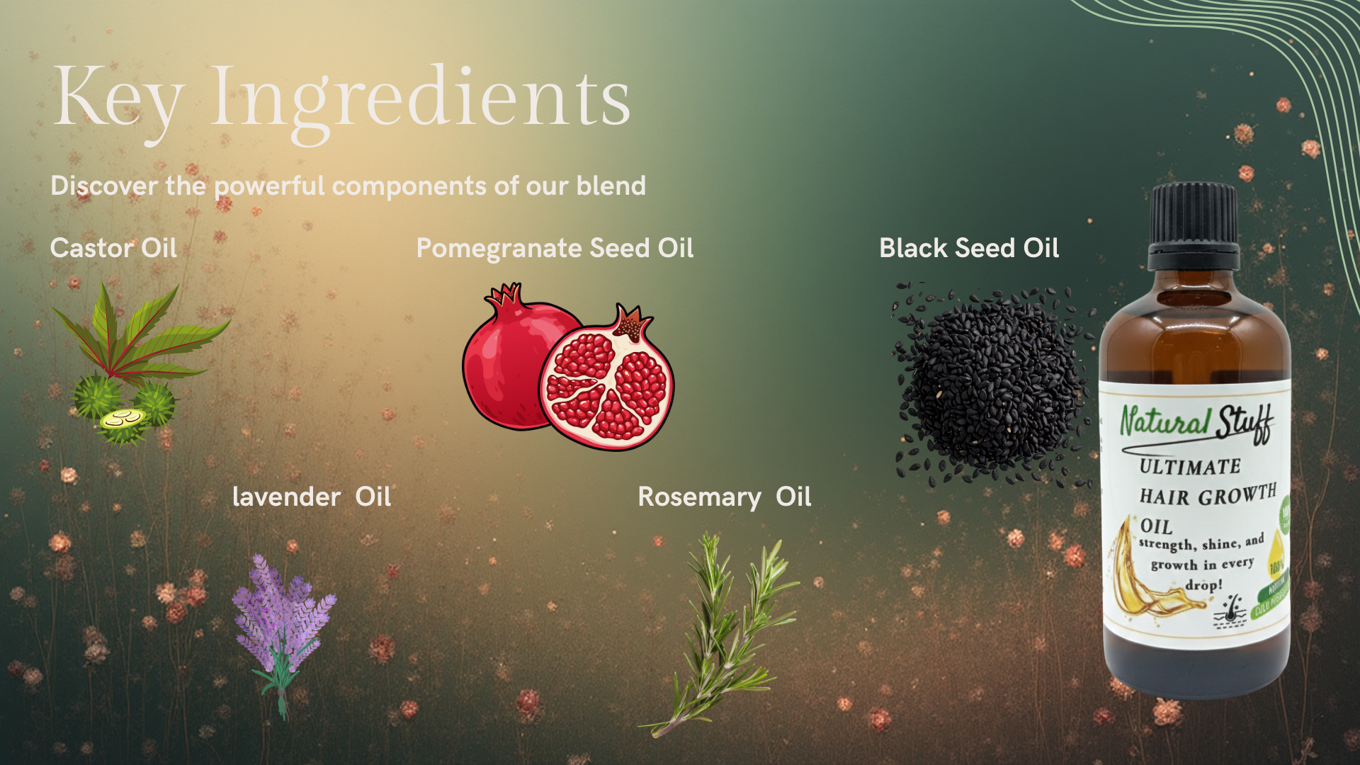 Key ingredients of a hair growth oil blend with a bottle labeled 'Natural Stuff Ultimate Hair Growth Oil' on a gradient background.