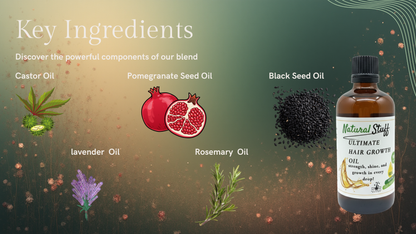 Key ingredients of a hair growth oil blend with a bottle labeled 'Natural Stuff Ultimate Hair Growth Oil' on a gradient background.