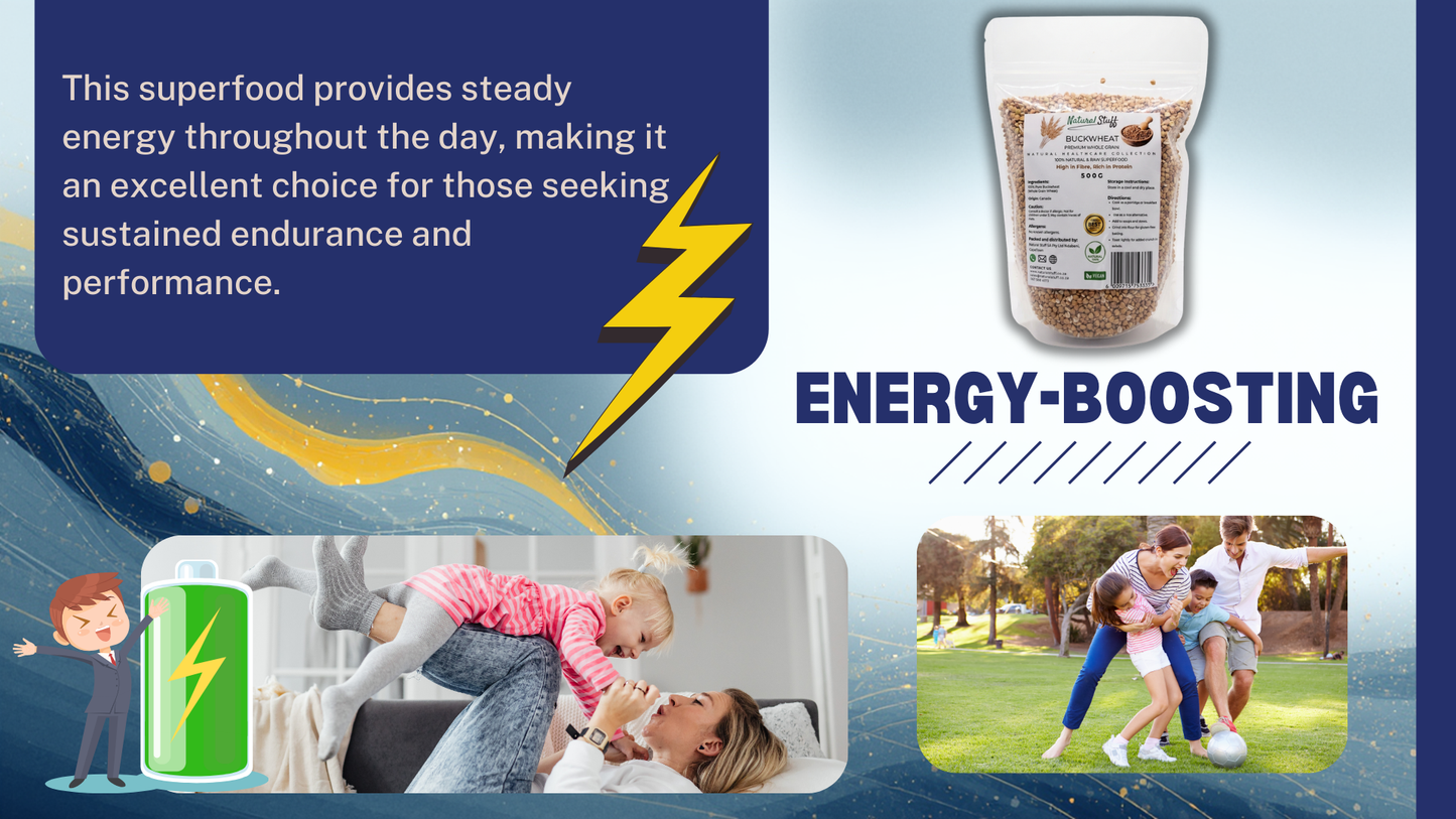 Superfood package with energy-themed graphics and text on a blue background
