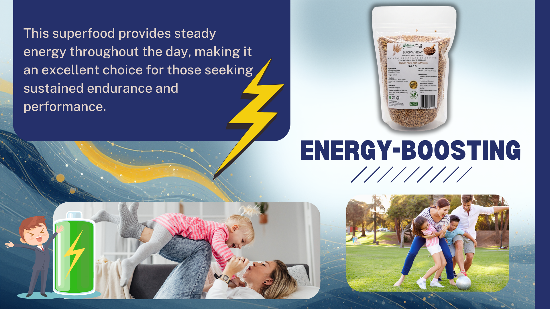 Superfood package with energy-themed graphics and text on a blue background