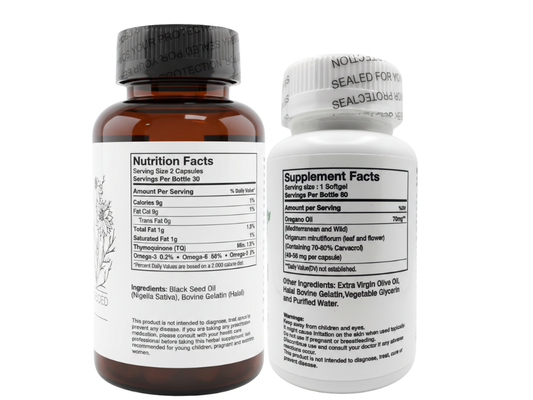 Two supplement bottles with labels on a white background