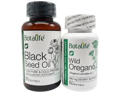 Two Botalife dietary supplement bottles, one for Black Seed Oil and the other for Wild Oregano, on a white background.