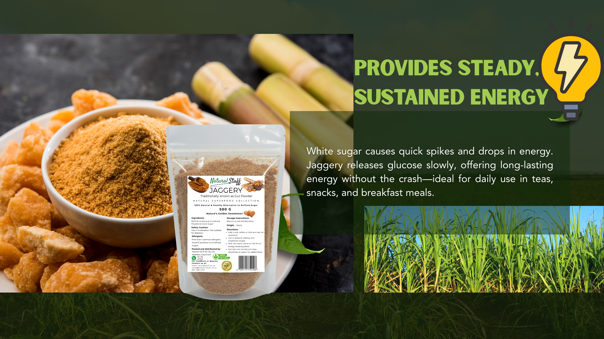 Jaggery product with text about energy and health benefits on a green background