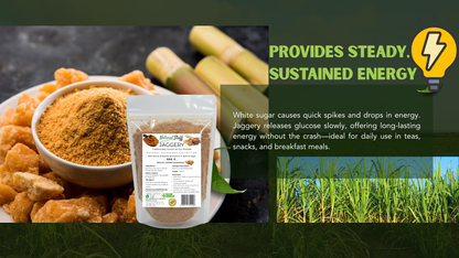 Jaggery product with text about energy and health benefits on a green background