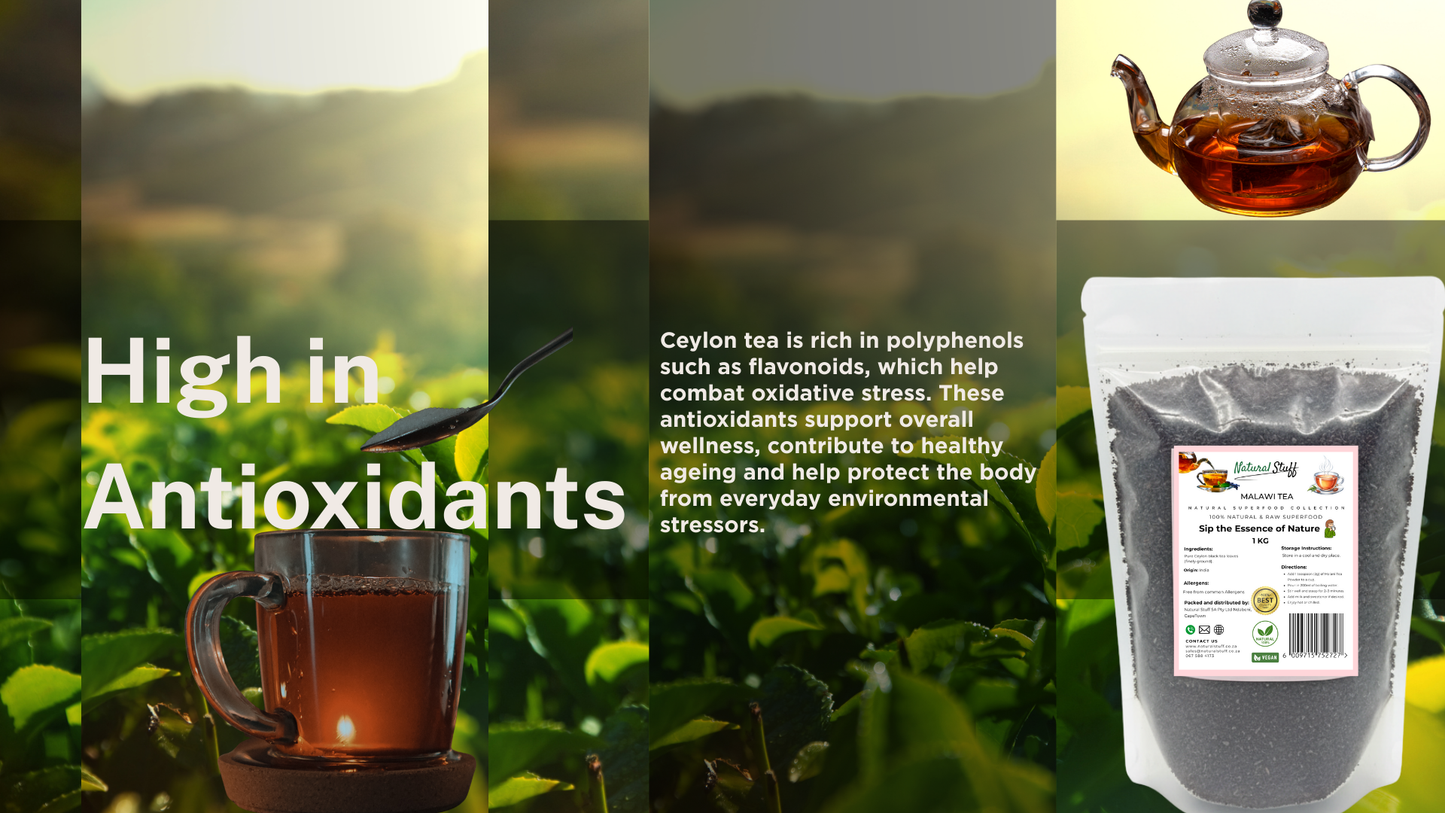 Tea packaging with text about antioxidants, tea cup, and teapot on a green background.