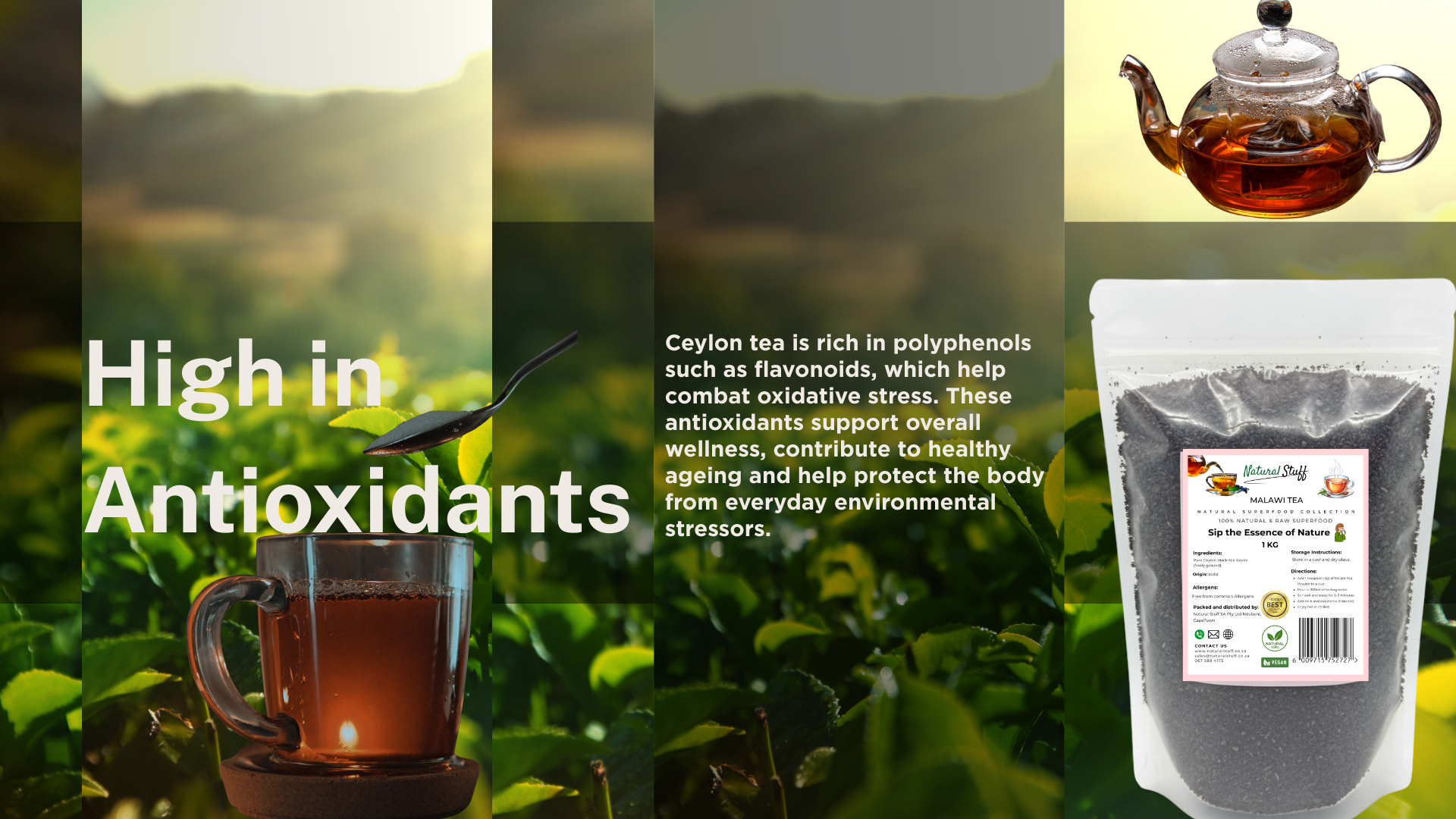 Tea packaging with text about antioxidants, tea cup, and teapot on a green background.