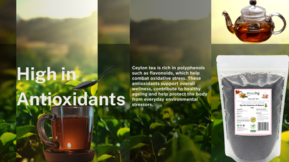 Tea packaging with text about antioxidants, tea cup, and teapot on a green background.