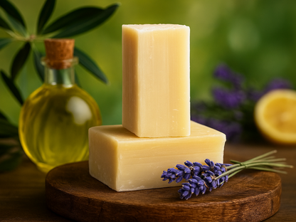 Two bars of soap on a wooden surface with a bottle of oil and lavender flowers in the background.