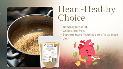 Heart-healthy food product with cooking pot and packaging, featuring text about heart health benefits.