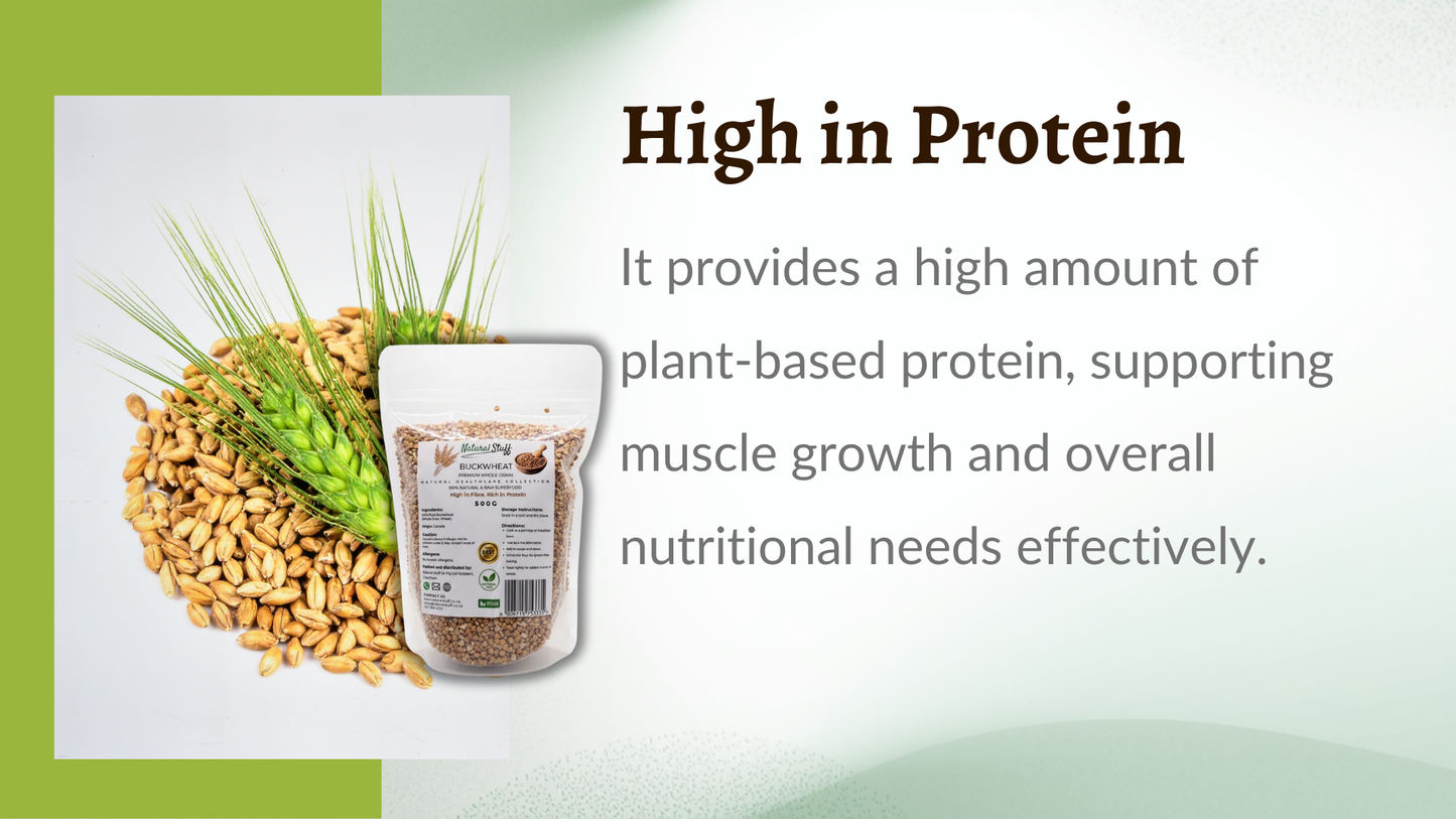 Container of plant-based protein with text highlighting its benefits on a green and white background