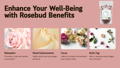 Rosebud benefits advertisement with images of roses and text on a pink background