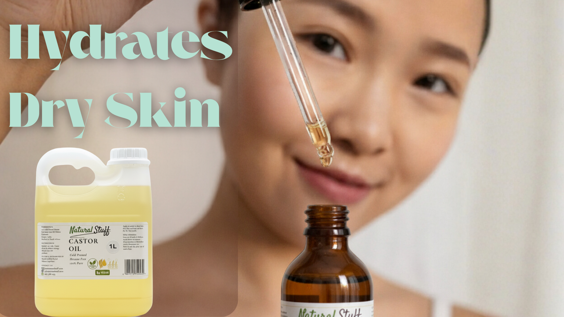 Woman applying oil to her face with a dropper, next to a bottle of castor oil and text about hydrating dry skin.