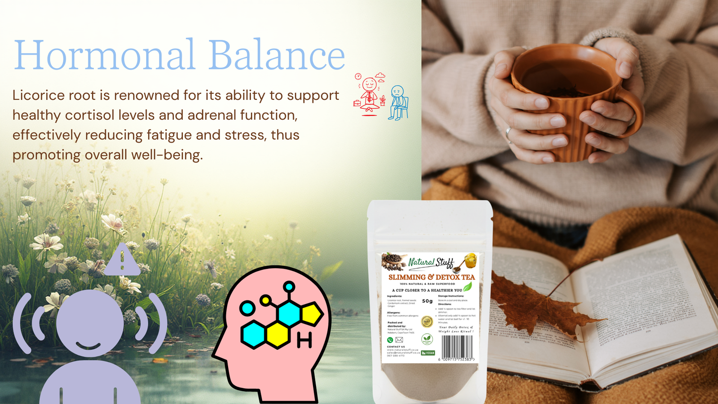 Tea packaging with a person holding a mug, surrounded by nature and text about licorice root's benefits for hormonal balance.