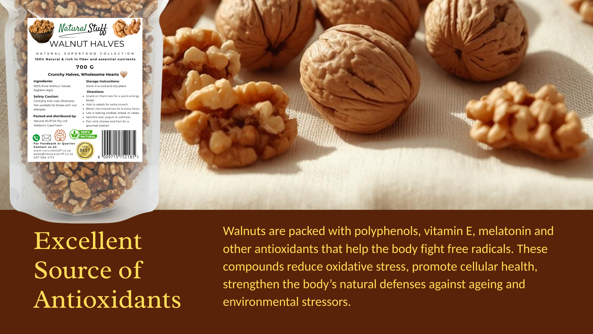 Packaged walnuts with a label and text about antioxidants on a brown background