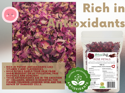 Rose petals with packaging and text highlighting antioxidants
