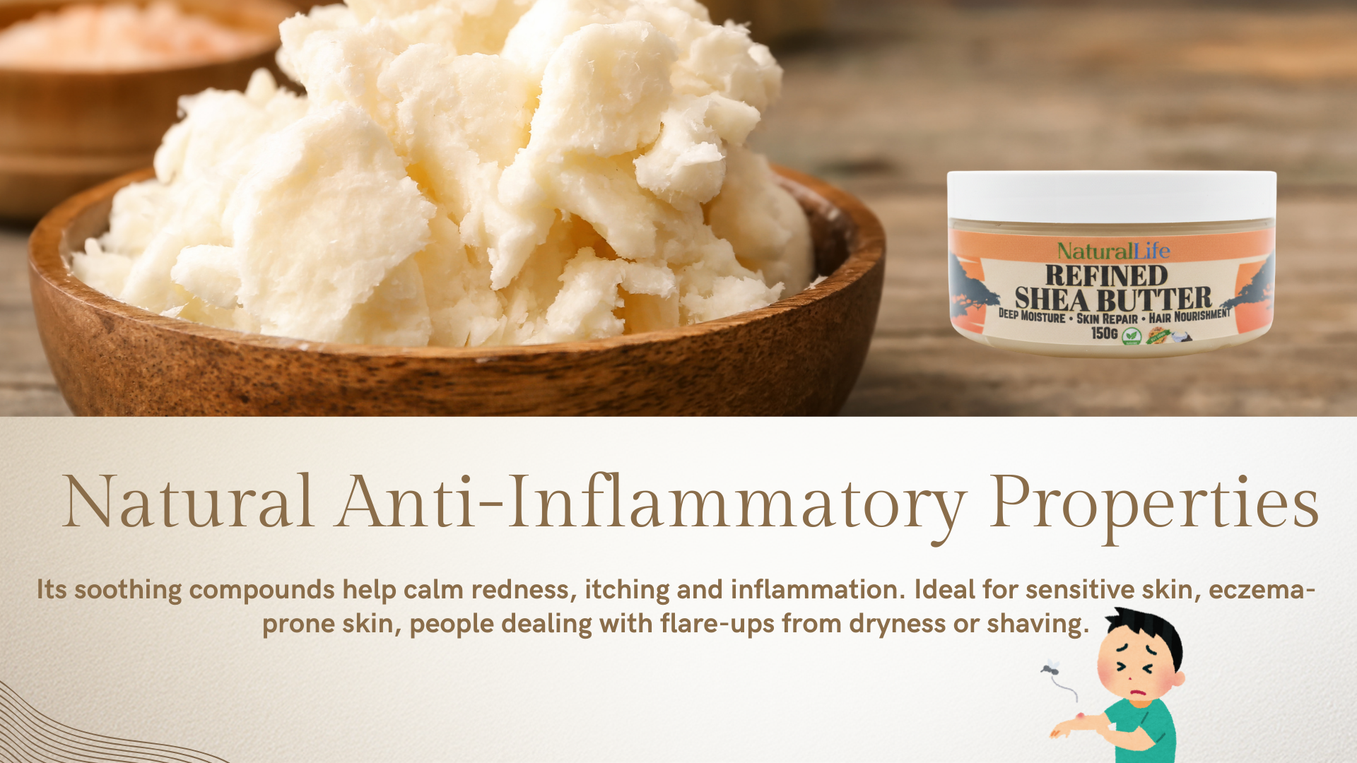 Shea butter in a wooden bowl with a jar of Natural Africa shea butter on a wooden surface.