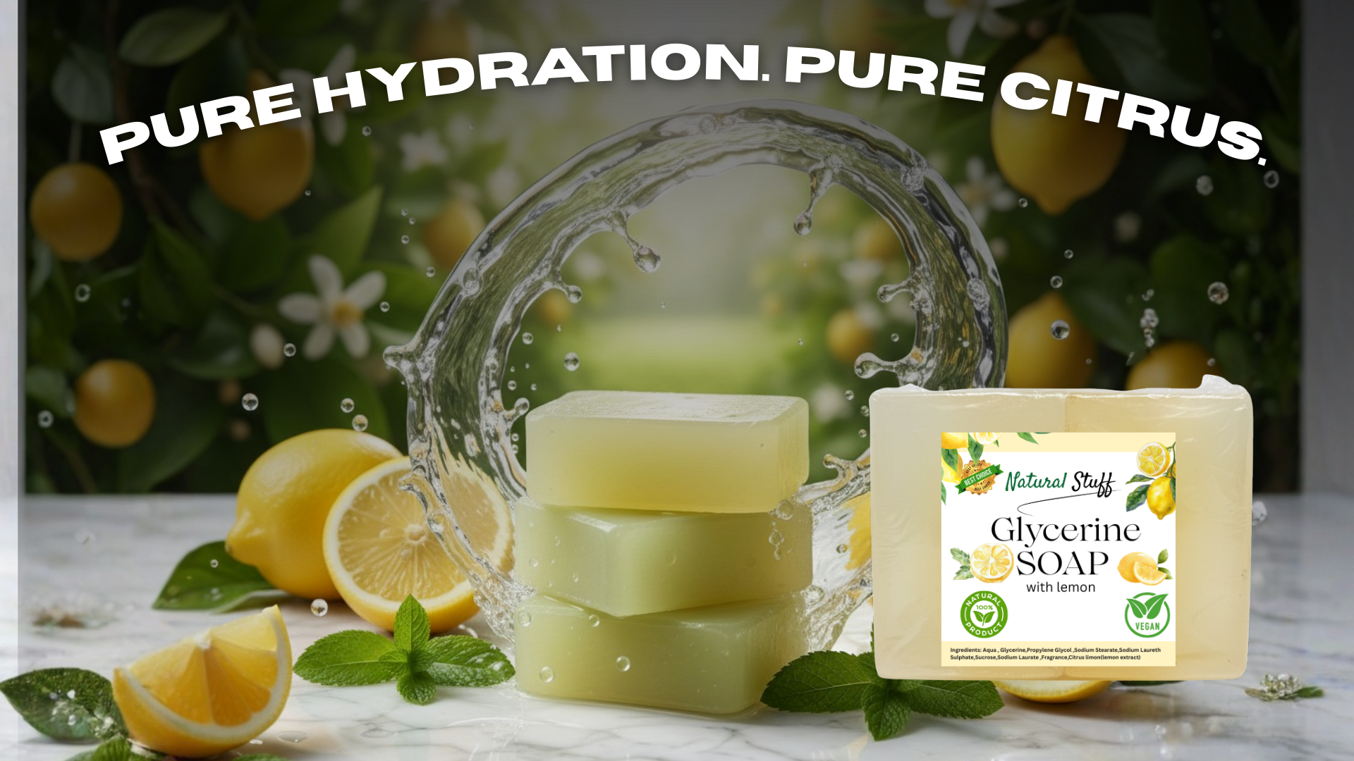 Glycerine soap with lemons and greenery on a marble surface, featuring 'Pure Hydration, Pure Citrus' text.