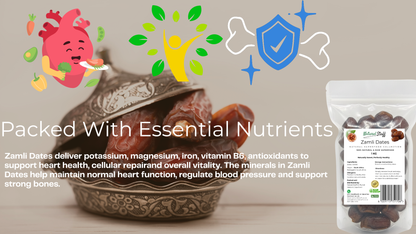 Zamil Dates packaging with heart, bones, and people icons, and text about nutrients.