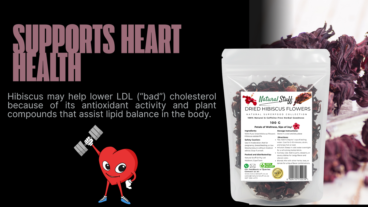 Package of dried hibiscus flowers with text about heart health benefits on a black background.