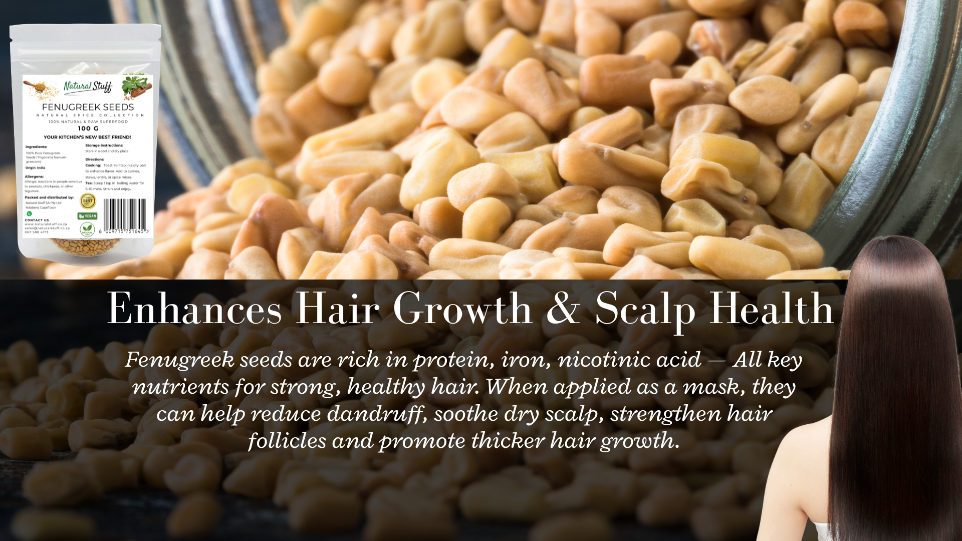 Fenugreek seeds with a container and text about hair health benefits.