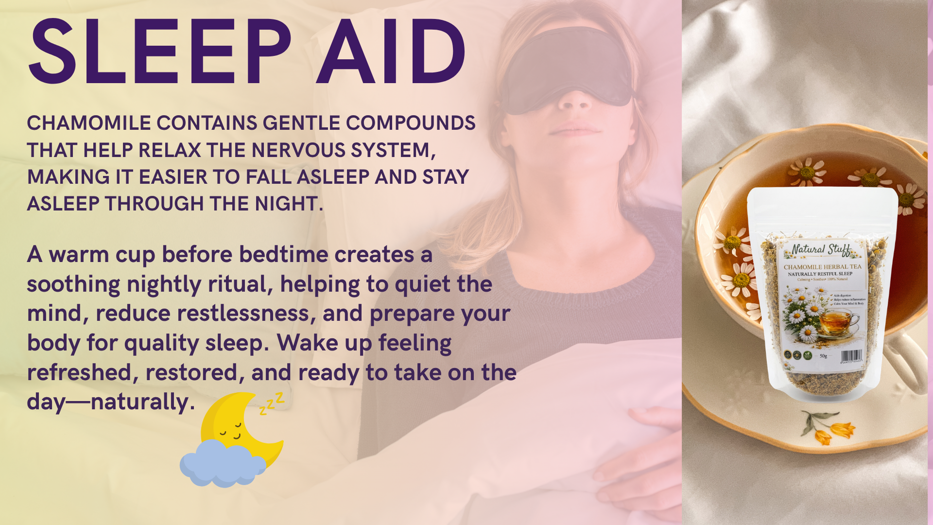 Advertisement for sleep aid with text and images of a person wearing a sleep mask and a cup of tea.