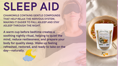 Advertisement for sleep aid with text and images of a person wearing a sleep mask and a cup of tea.