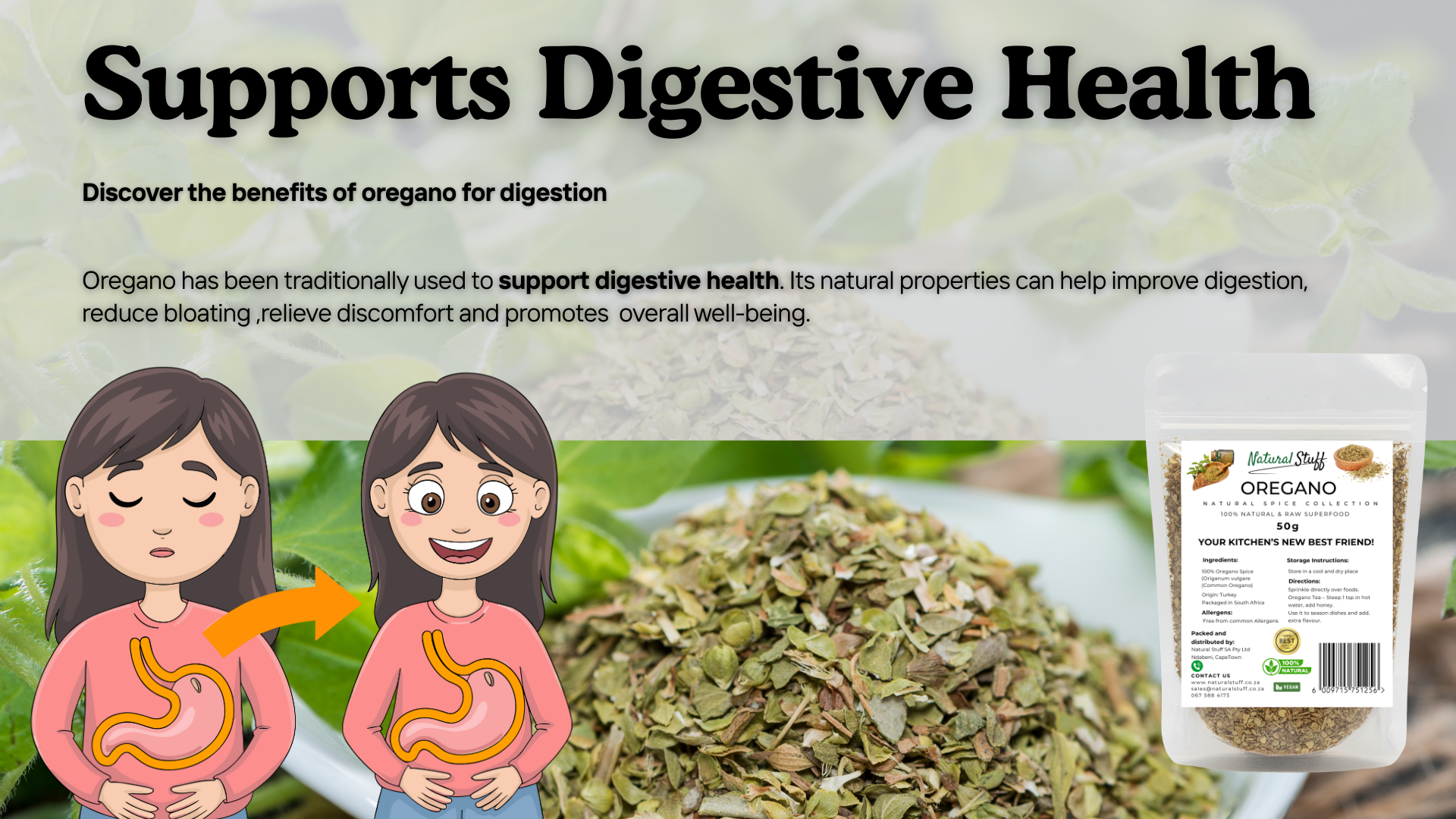 Oregano packaging with text about digestive health and cartoon illustrations of a woman and child with a stomach.
