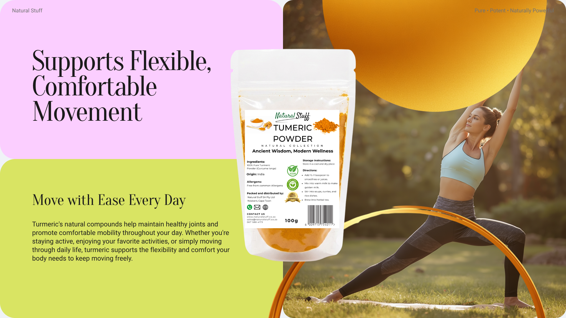 Turmeric powder package with a woman exercising outdoors, text about flexible and comfortable movement.