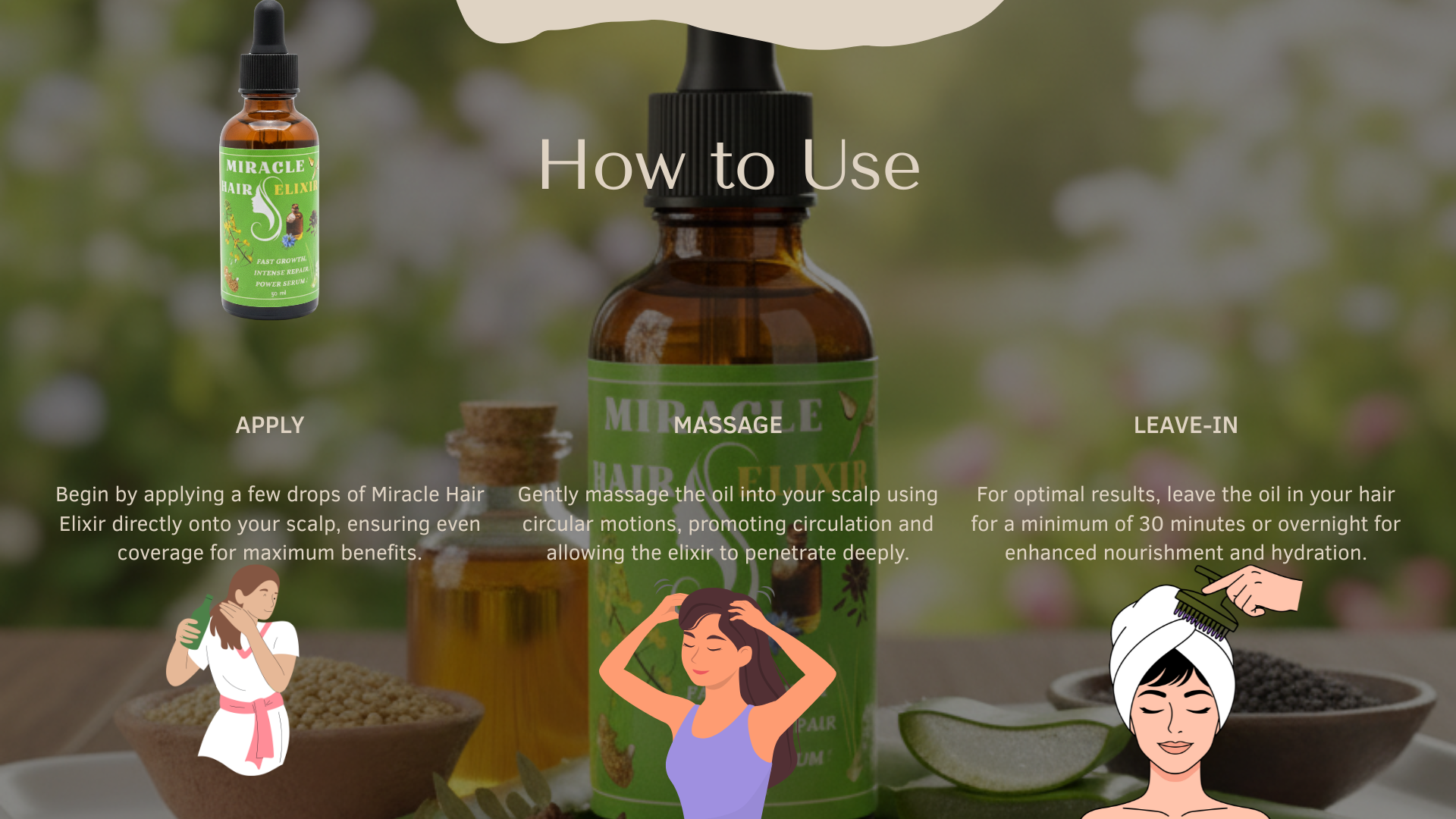 Bottle of Miracle Hair Elixir with usage instructions and illustrations on a blurred natural background